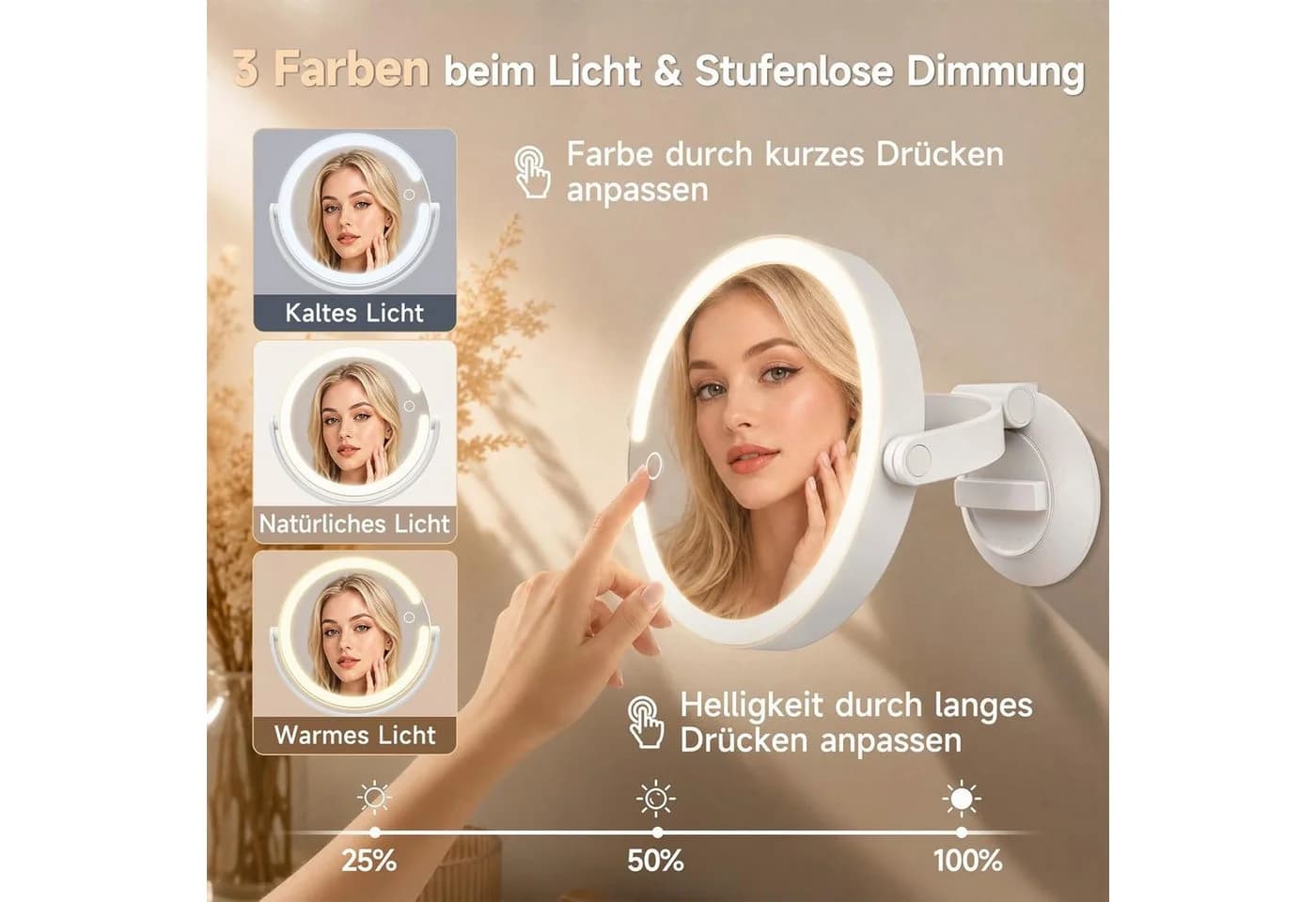 OYLCDI Schminkspiegel mit LED-Beleuchtung & Saugnapf, 1x/10x, weiß - Bild 3