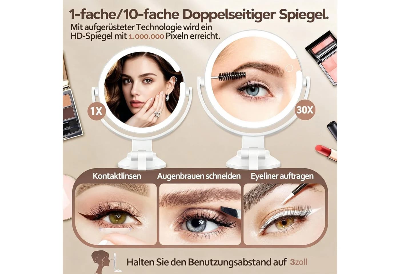OYLCDI Schminkspiegel mit LED-Beleuchtung & Saugnapf, 1x/10x, weiß - Bild 5