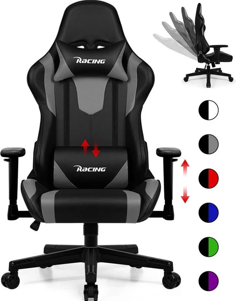 Homimaster Gaming-Stuhl Grau Ergonomisch mit Lendenkissen - Bild 2