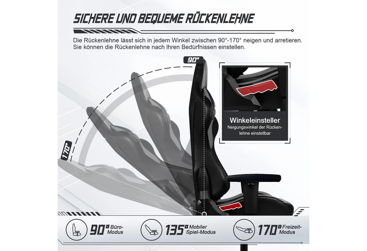 Homimaster Gaming-Stuhl Grau Ergonomisch mit Lendenkissen - Bild 3