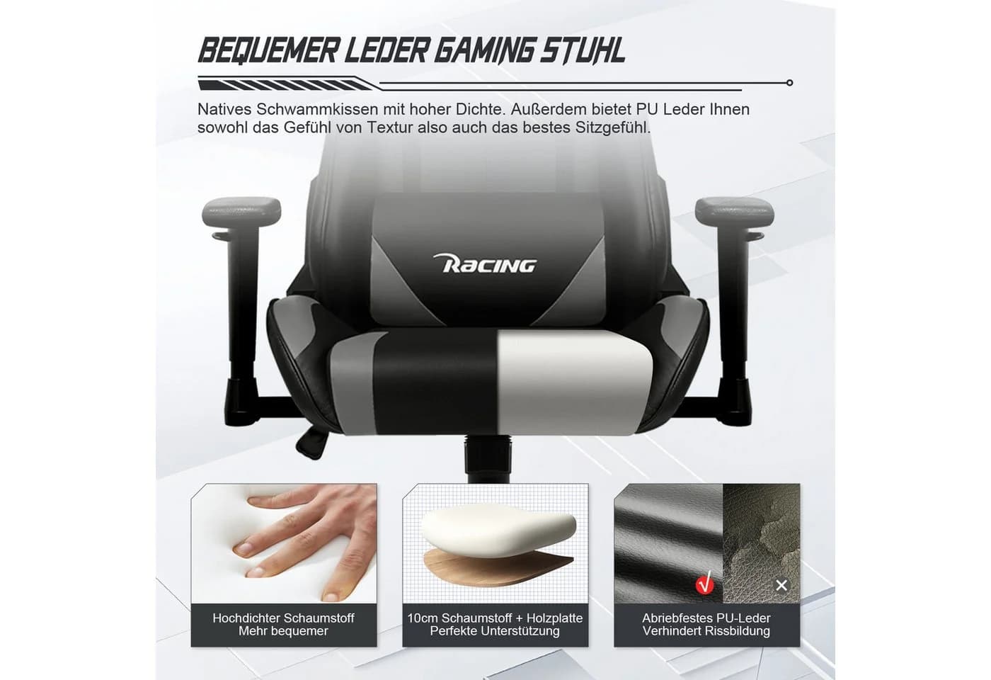 Homimaster Gaming-Stuhl Grau Ergonomisch mit Lendenkissen - Bild 4