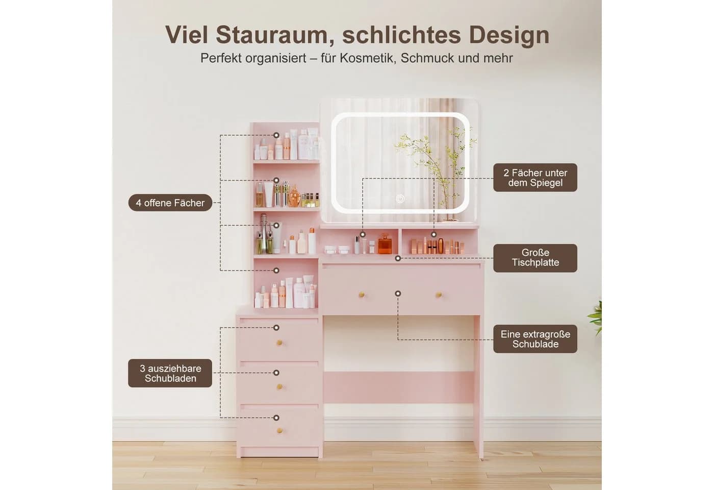Lexzurn Schminktisch mit LED-Spiegel, 4 Schubladen, Kosmetiktisch - Bild 3