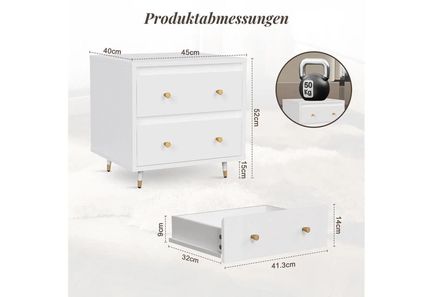 Lexzurn Nachttisch 2-Schubladen Weiß/Grau Modern