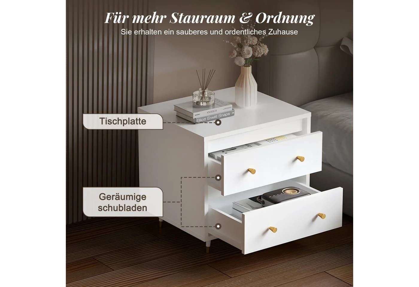 Lexzurn Nachttisch 2-Schubladen Weiß/Grau Modern - Bild 5