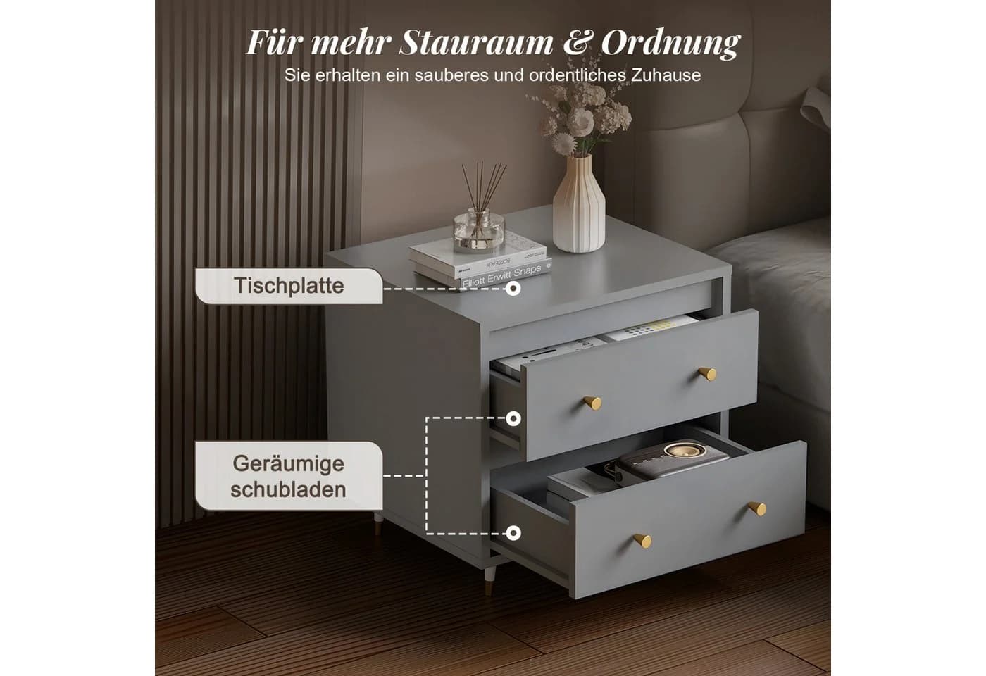 Lexzurn Nachttisch mit 2 Schubladen Weiß/Grau Modern - Bild 5