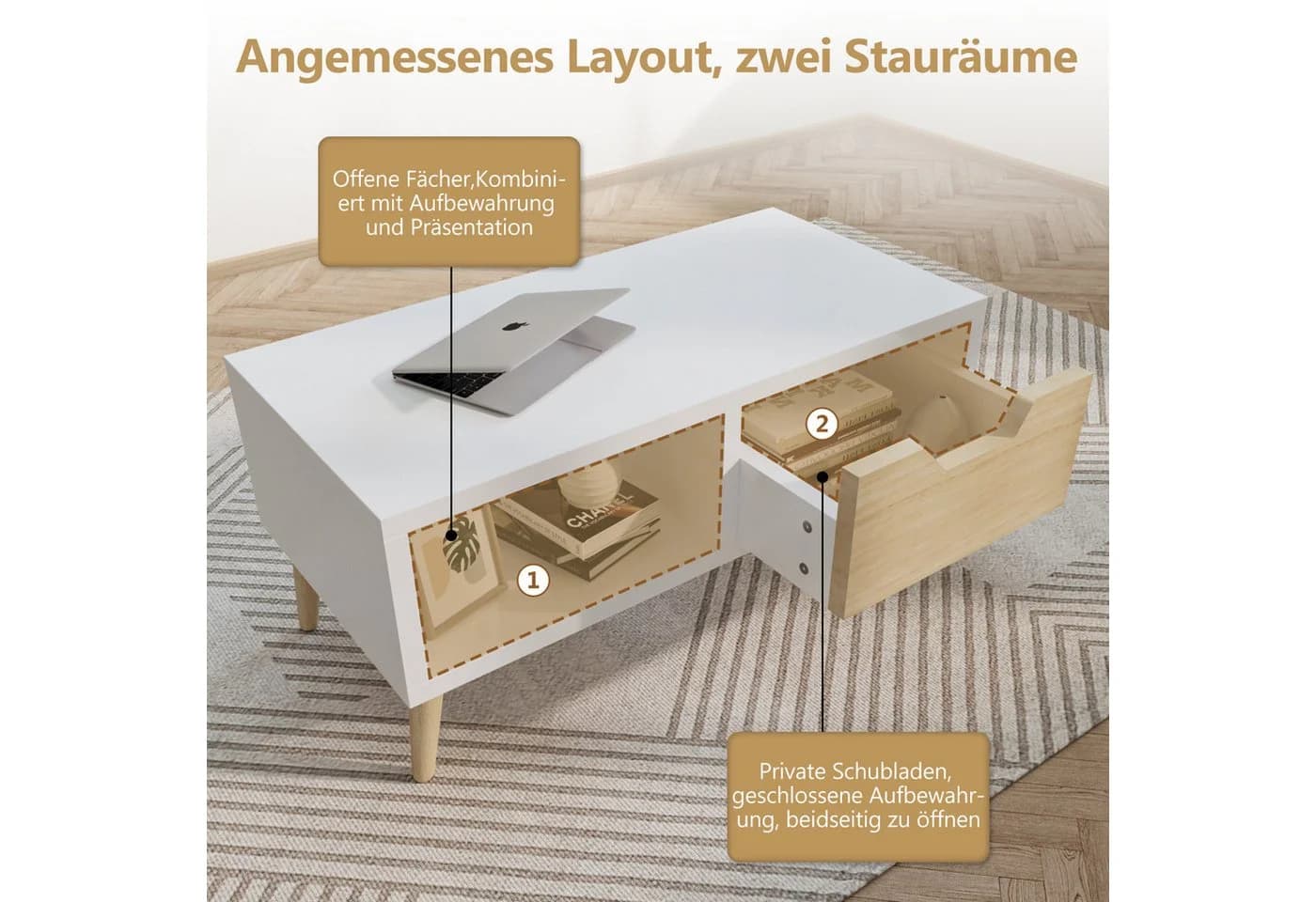 Lexzurn Couchtisch mit Schubladen und Ablagefächern, Weiß - Bild 4