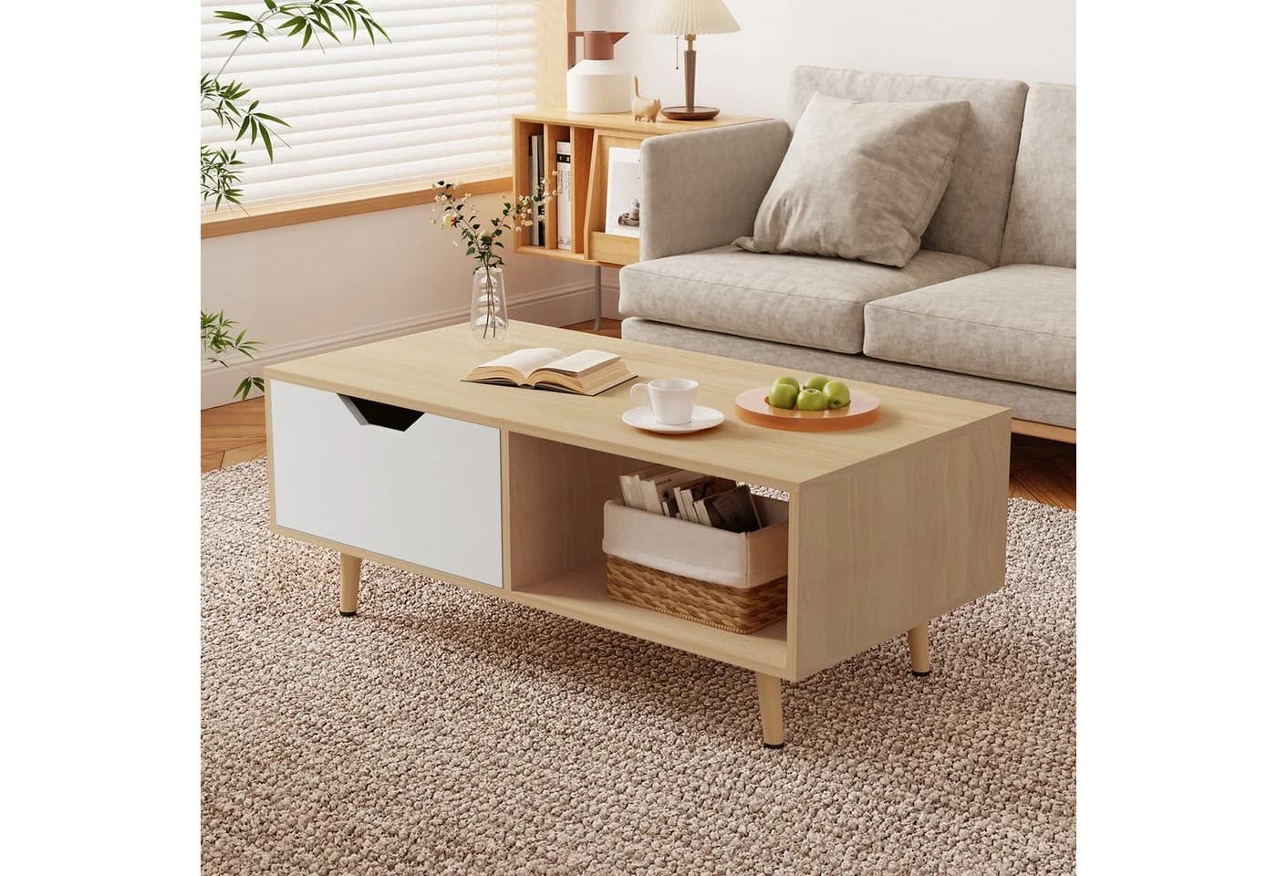Lexzurn Couchtisch Weiß+Naturholz mit Schubladen und Ablagefächern - Bild 2