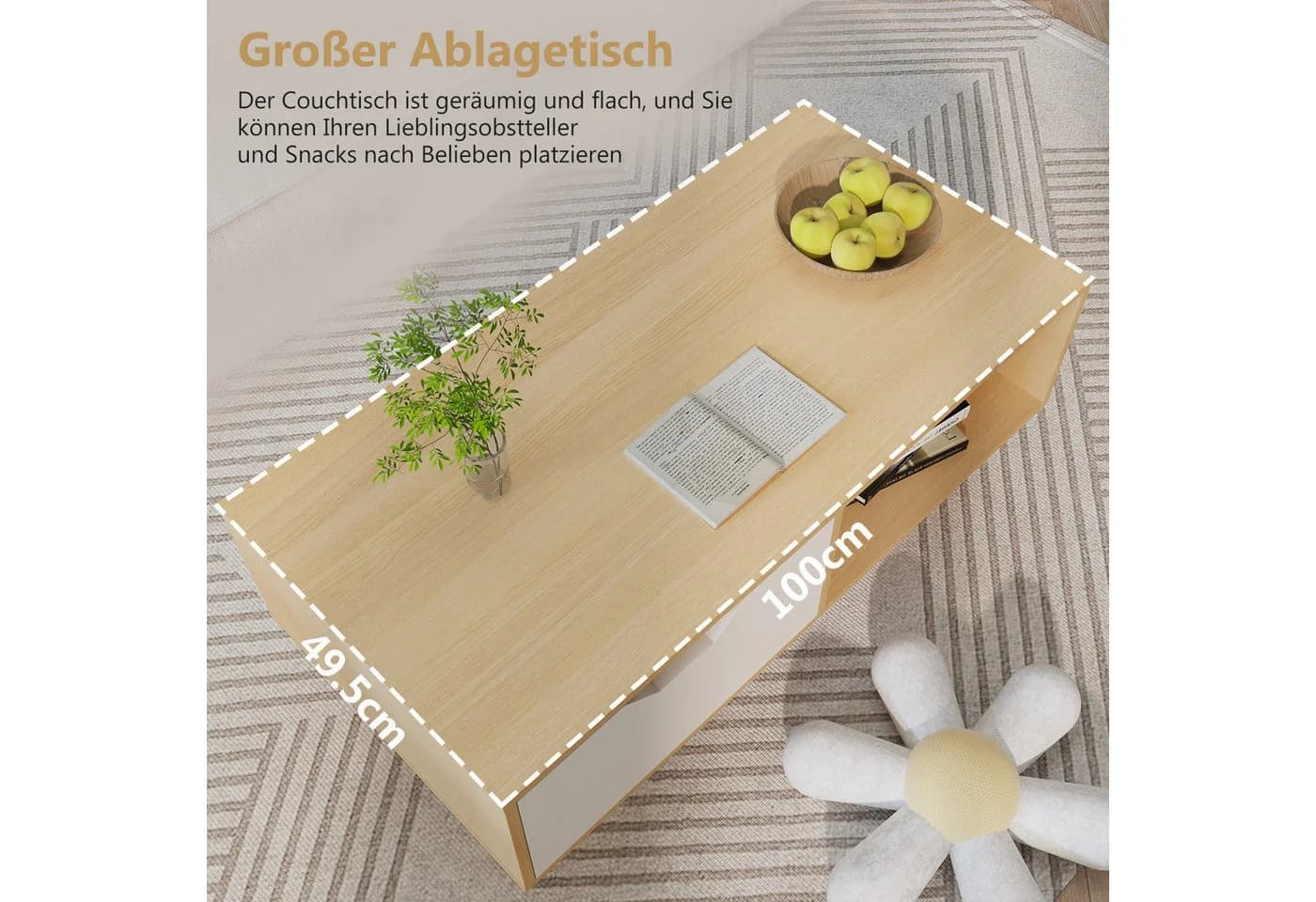 Lexzurn Couchtisch Weiß+Naturholz mit Schubladen und Ablagefächern - Bild 3