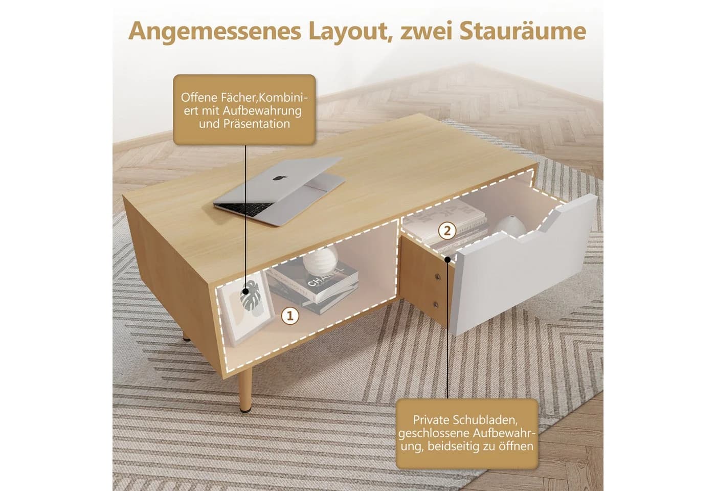 Lexzurn Couchtisch Weiß+Naturholz mit Schubladen und Ablagefächern - Bild 4