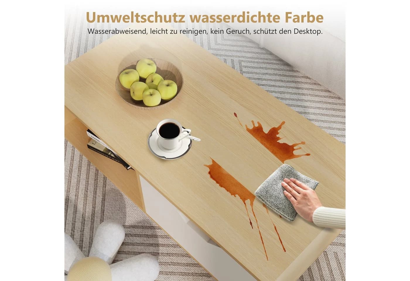 Lexzurn Couchtisch Weiß+Naturholz mit Schubladen und Ablagefächern - Bild 5