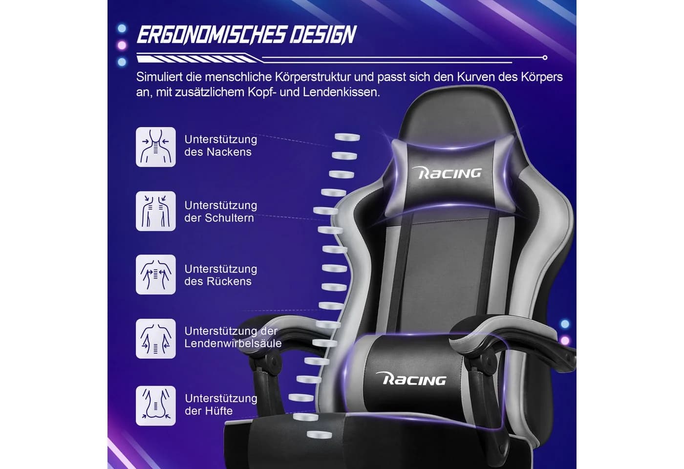 Homimaster Gaming-Stuhl Grau mit 170° Rückenlehne und Fußstütze - Bild 4