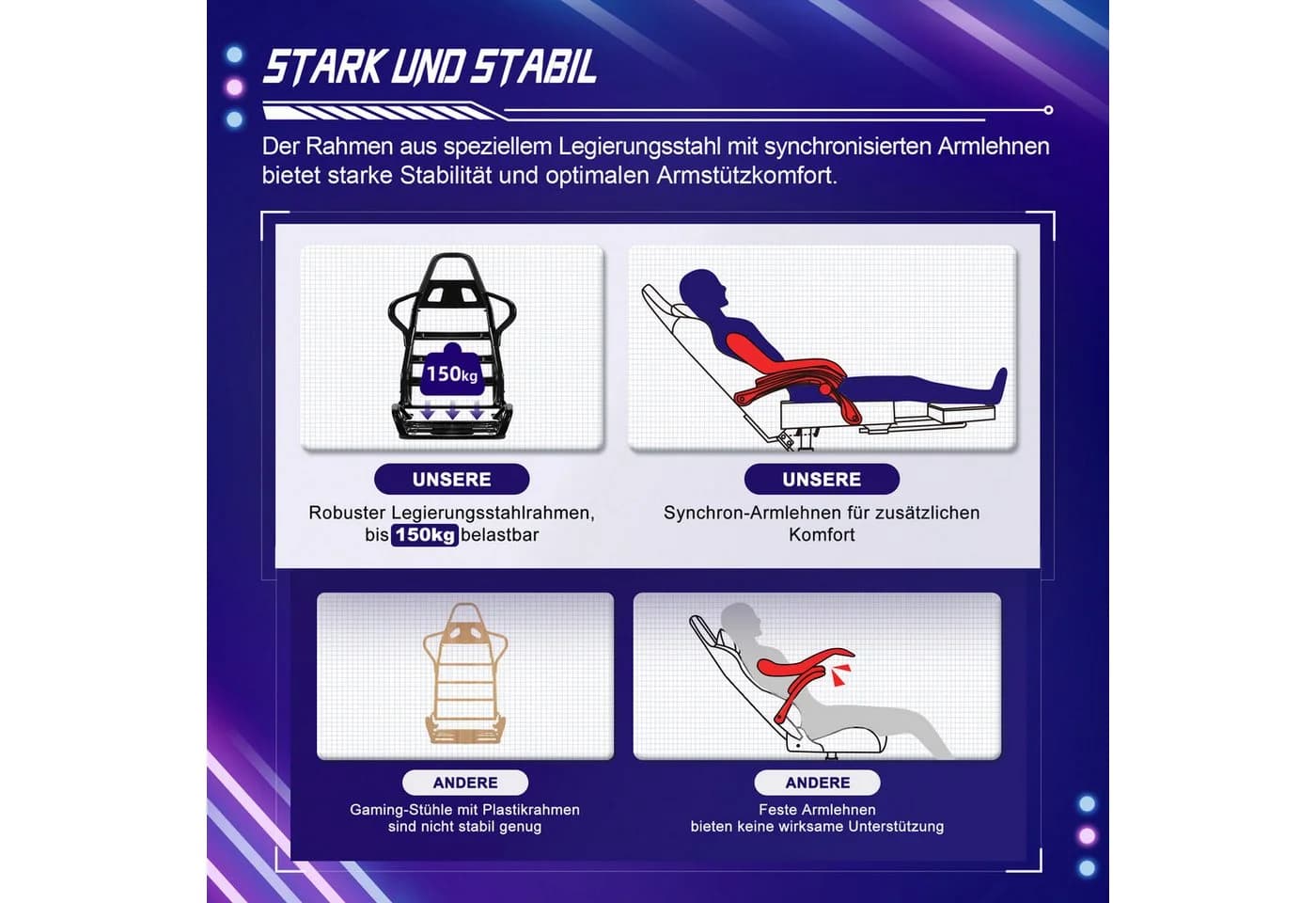 Homimaster Gaming-Stuhl Grau mit 170° Rückenlehne und Fußstütze - Bild 5