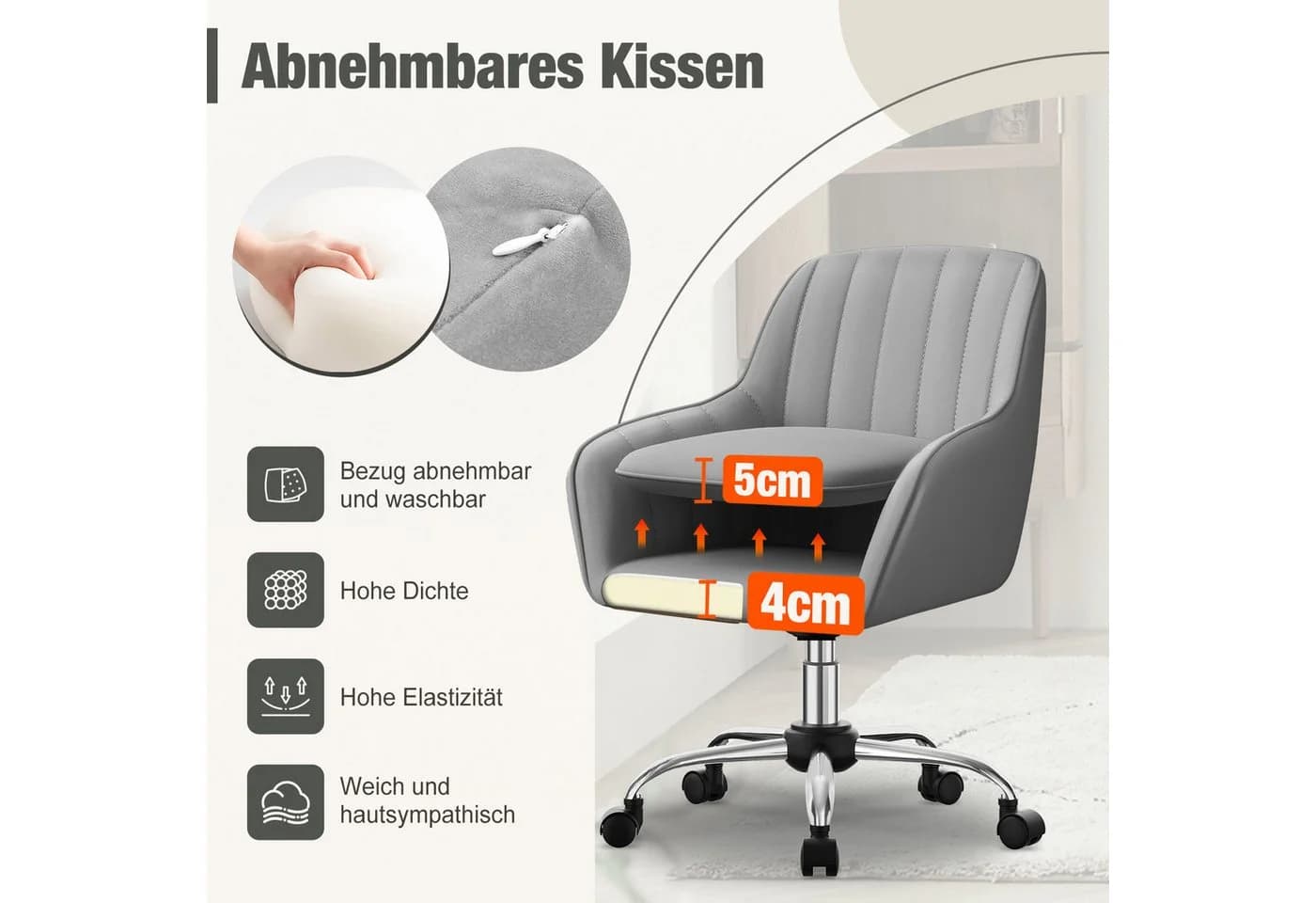 Adormii Bürostuhl Samt Grau Höhenverstellbar mit Armlehnen - Bild 3