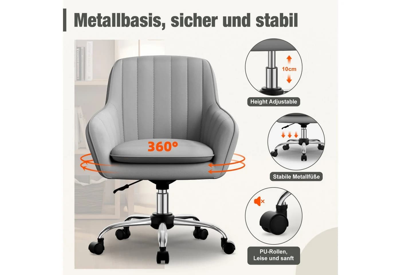 Adormii Bürostuhl Samt Grau Höhenverstellbar mit Armlehnen - Bild 4