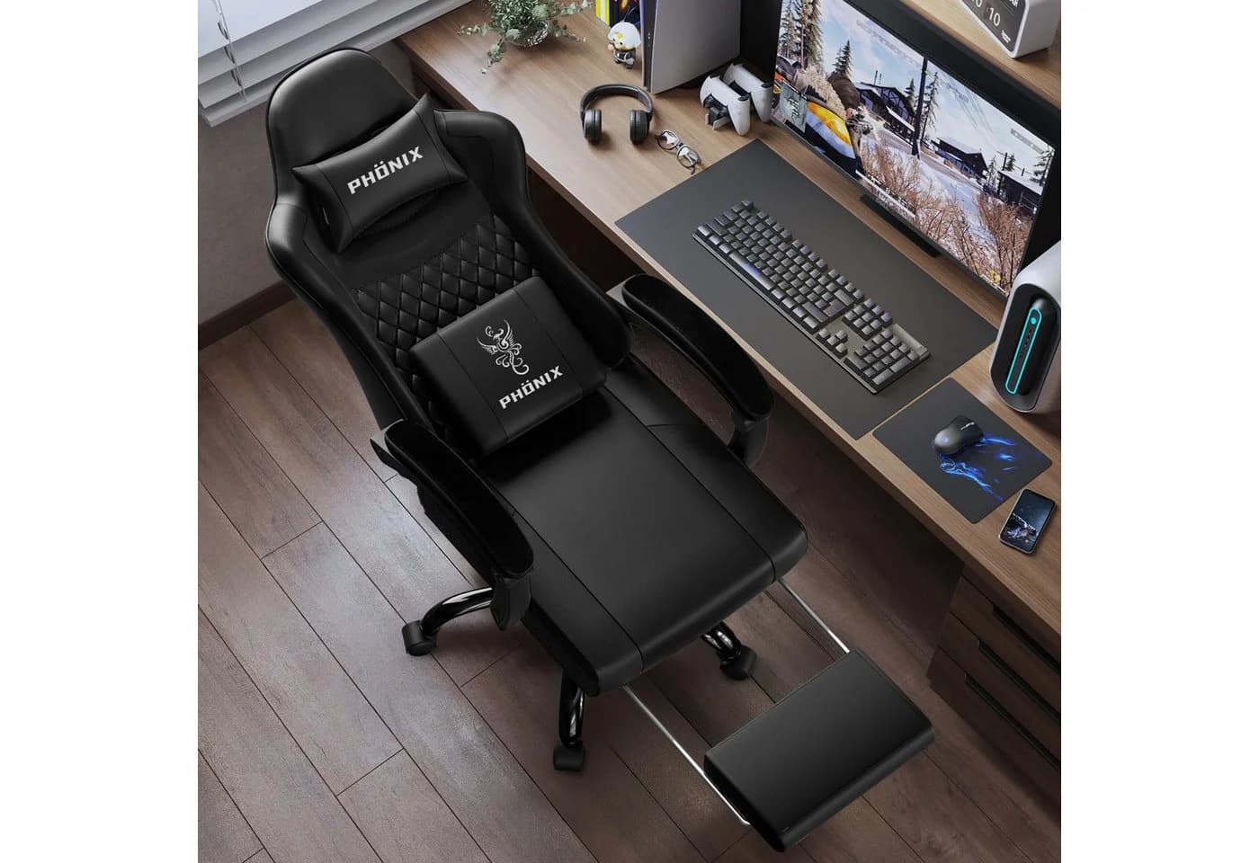 Adormii Gaming-Stuhl Ergonomisch Verstellbar mit Lendenkissen, Armlehne und Kopfstütze