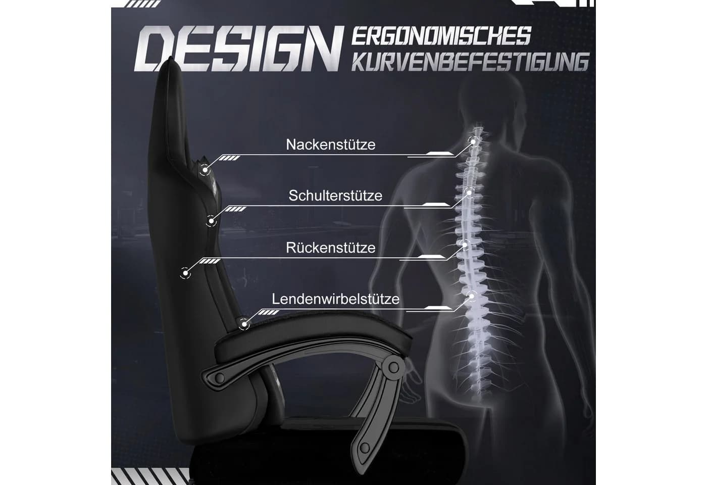 Adormii Gaming-Stuhl Ergonomisch Verstellbar mit Lendenkissen, Armlehne und Kopfstütze - Bild 4