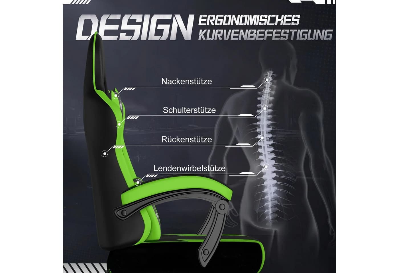 Adormii Gaming-Stuhl Ergonomisch Verstellbar Schwarz-Grün - Bild 4