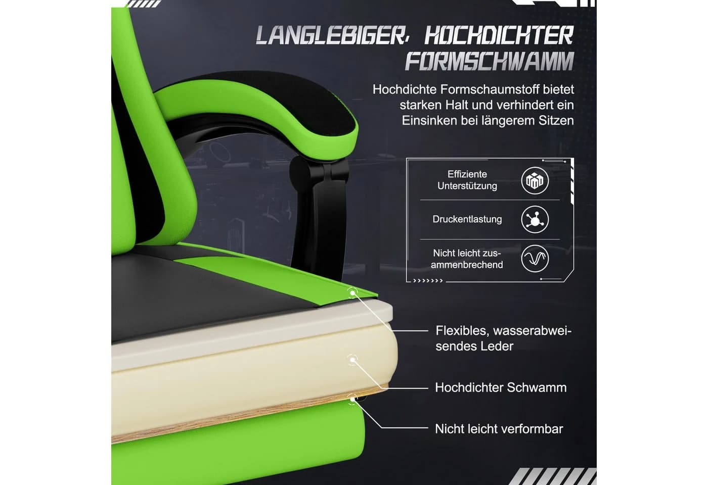 Adormii Gaming-Stuhl Ergonomisch Verstellbar Schwarz-Grün - Bild 5