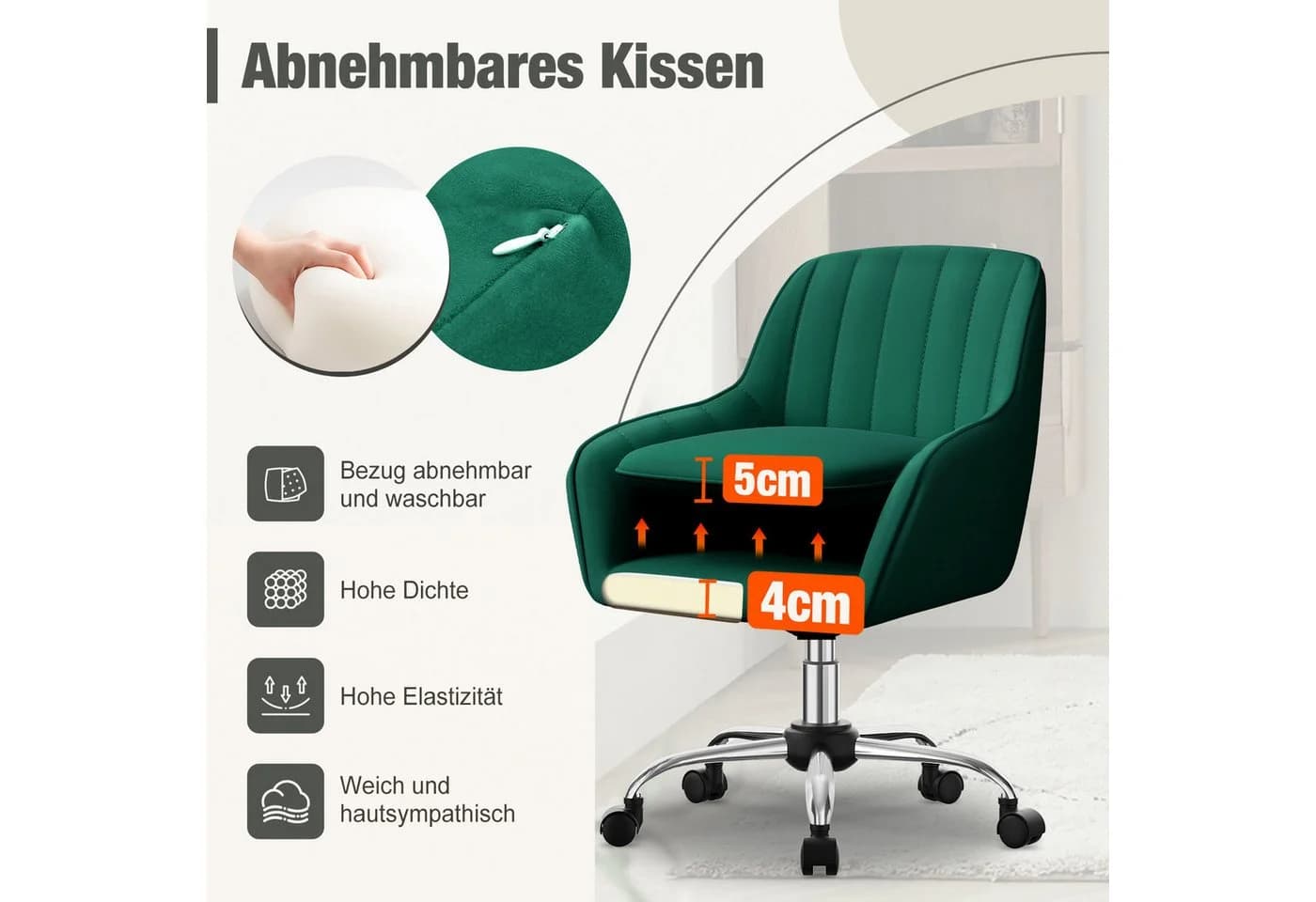 Adormii Bürostuhl mit Armlehnen Samt Höhenverstellbar Grau/Rosa/Weiß - Bild 3