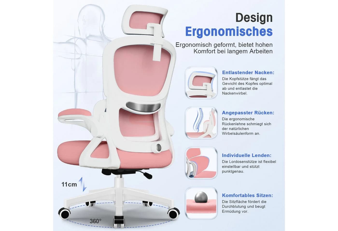 Homimaster Bürostuhl Schwarz Ergonomisch mit Klappbaren Armlehnen - Bild 5