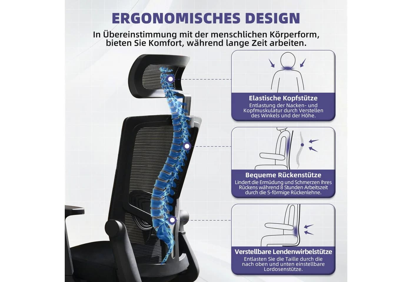 Adormii Ergonomischer Bürostuhl mit verstellbarer Kopfstütze und Wippfunktion - Bild 3