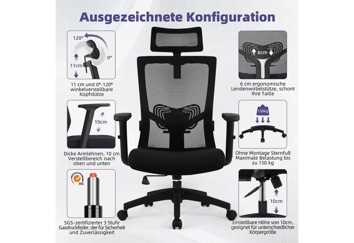 Adormii Ergonomischer Bürostuhl mit verstellbarer Kopfstütze und Wippfunktion - Bild 5