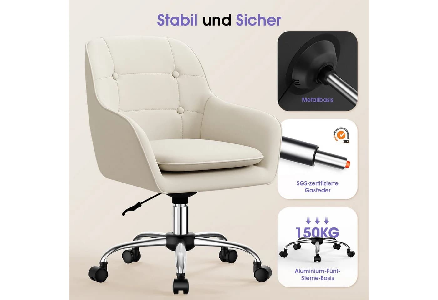 Adormii Bürostuhl mit Armlehnen und Rollen, höhenverstellbar, Boucle-Gewebe - Bild 3