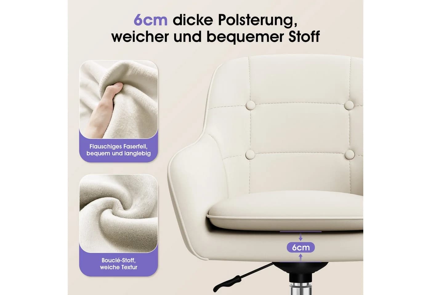 Adormii Bürostuhl mit Armlehnen und Rollen, höhenverstellbar, Boucle-Gewebe - Bild 4
