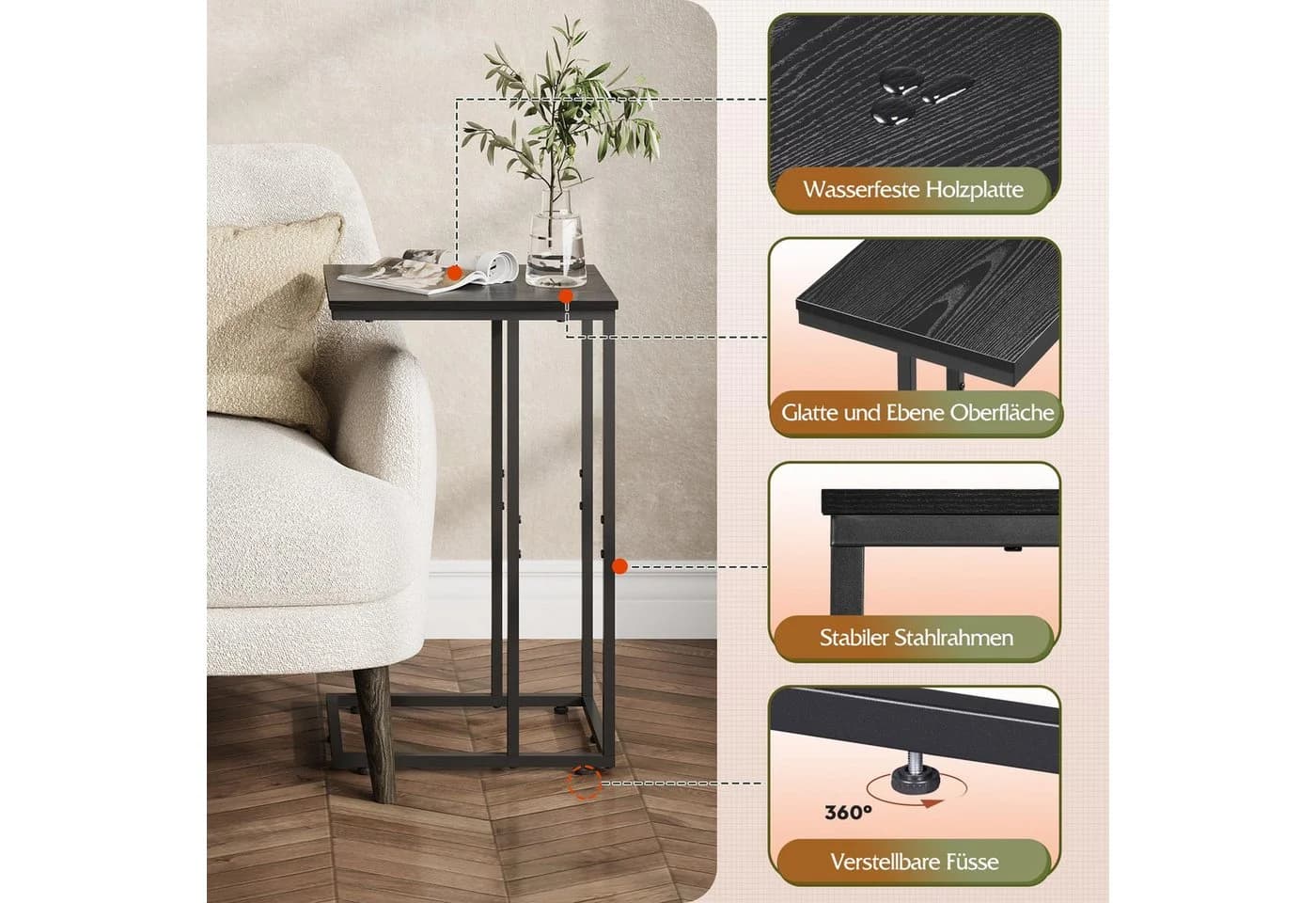 WLIVE C-Form Beistelltisch Schwarz Braun Modern Metallrahmen - Bild 4