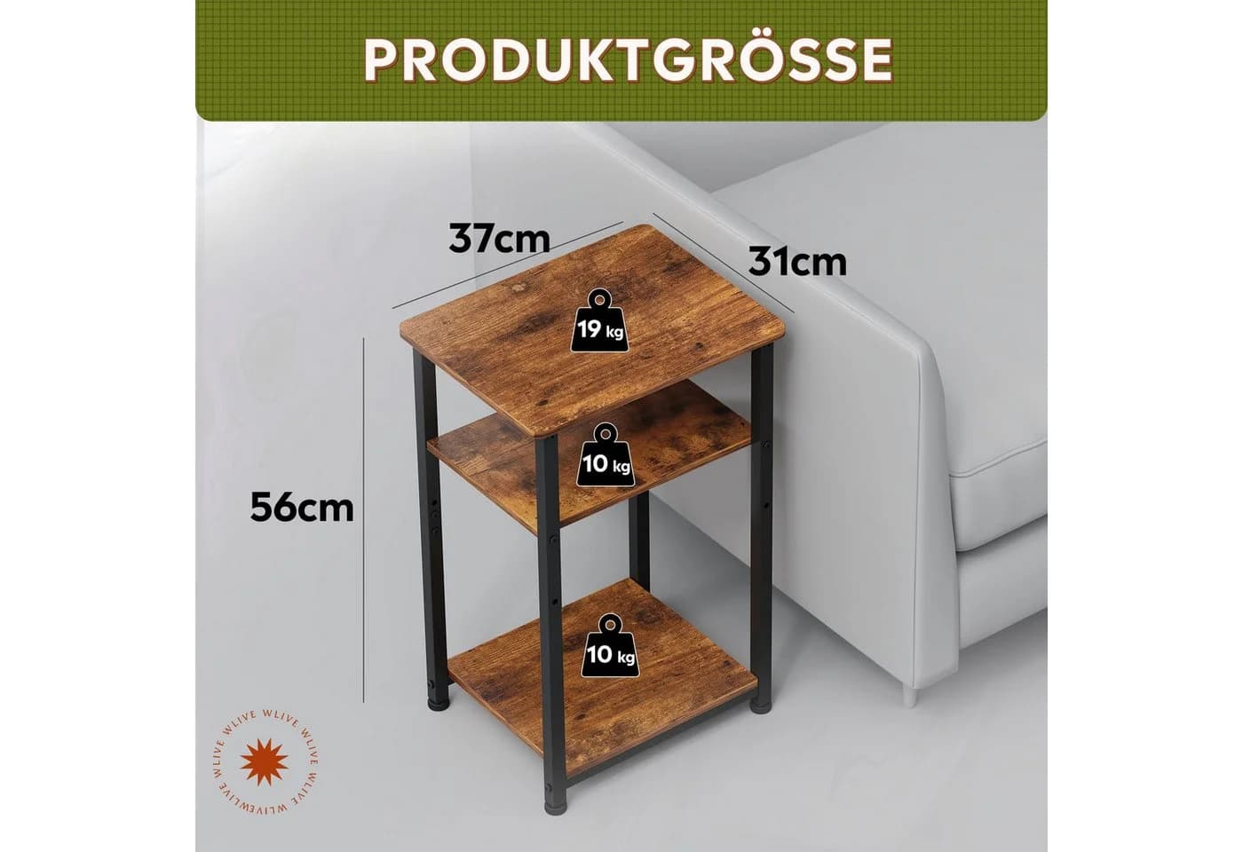WLIVE Beistelltisch 3 Ablagen Rustikales Braun/Schwarz Industrie-Design - Bild 3