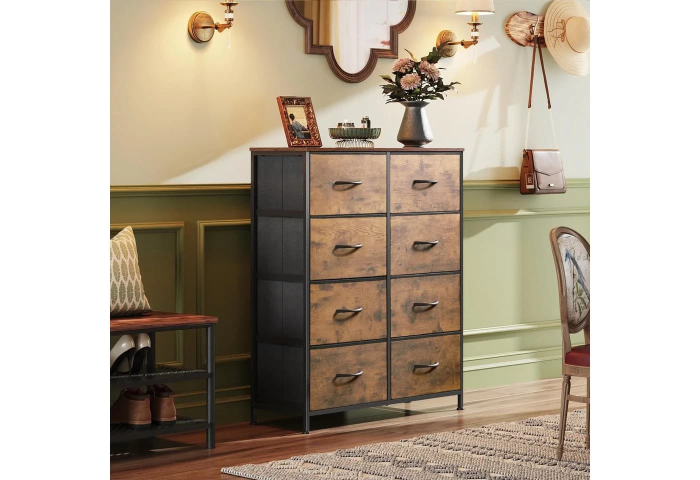 WLIVE Kommode mit 8 Schubladen Modern Industrial Vintage Braun Schwarz