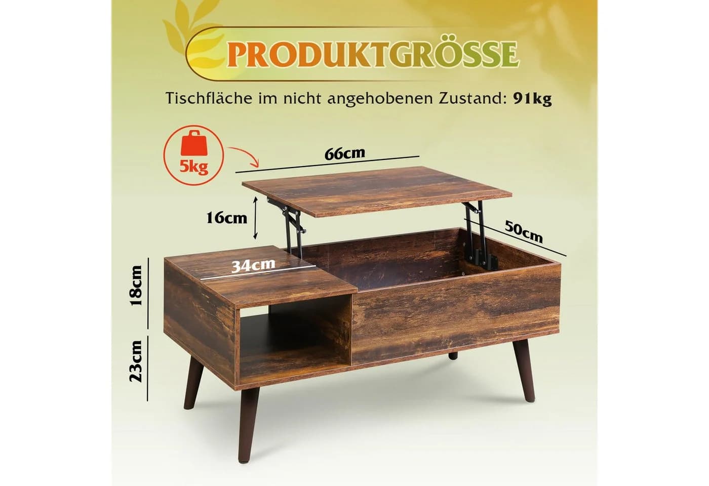 WLIVE Couchtisch Höhenverstellbarer Couchtisch mit Stauraum, Holzoptik - Bild 3