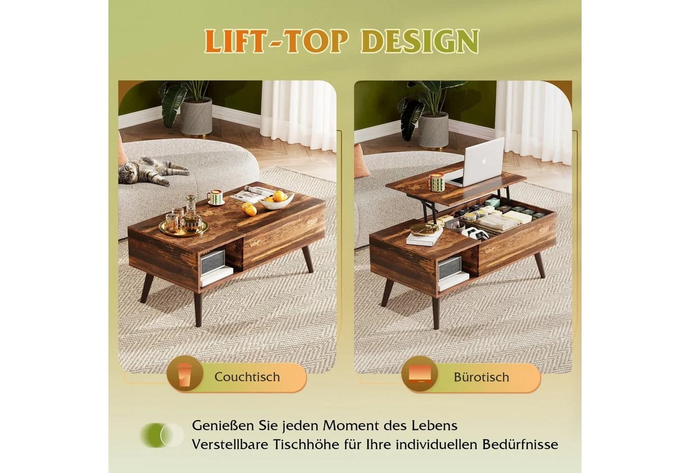 WLIVE Couchtisch Höhenverstellbarer Couchtisch mit Stauraum, Holzoptik - Bild 4