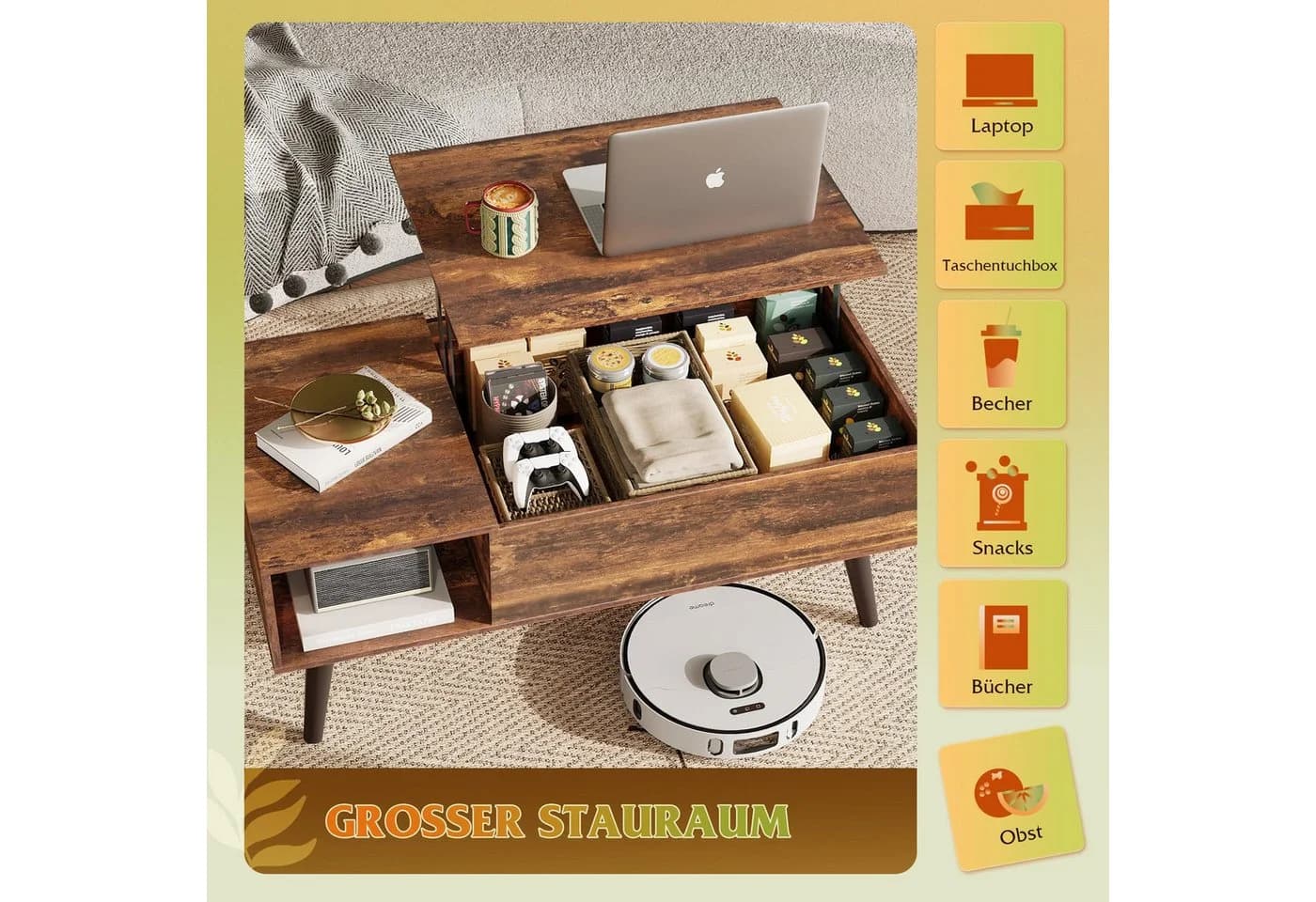 WLIVE Couchtisch Höhenverstellbarer Couchtisch mit Stauraum, Holzoptik - Bild 5
