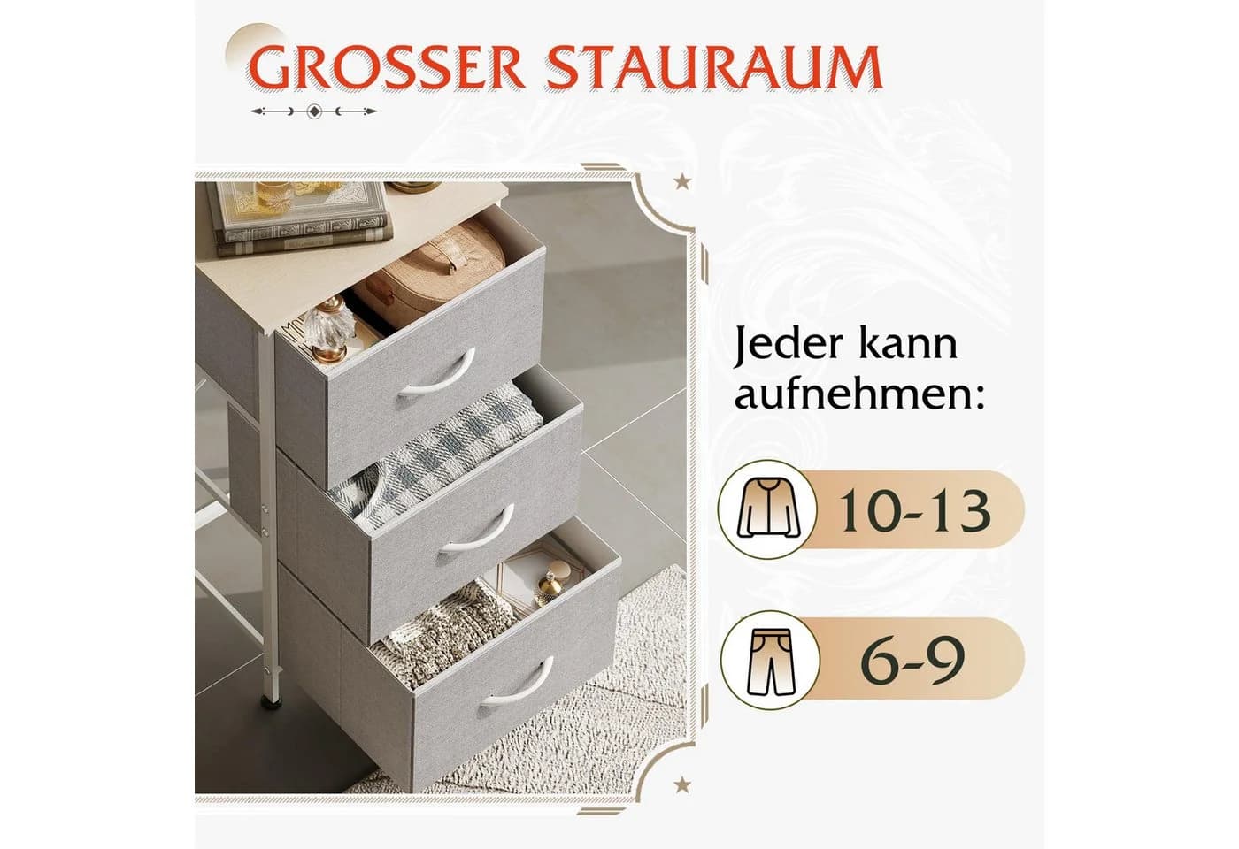 WLIVE Kommode 3 Stoffschubladen Holzplatte Metallrahmen - Bild 4