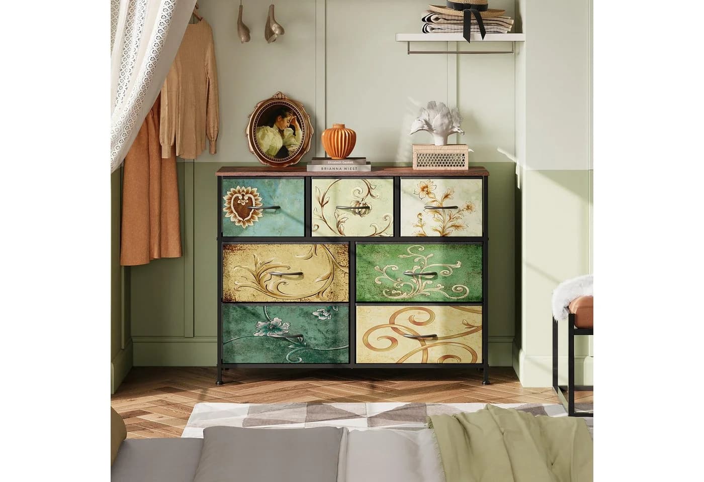 WLIVE Kommode 7 Schubladen Stoff Vintage Boho mit Stahlrahmen