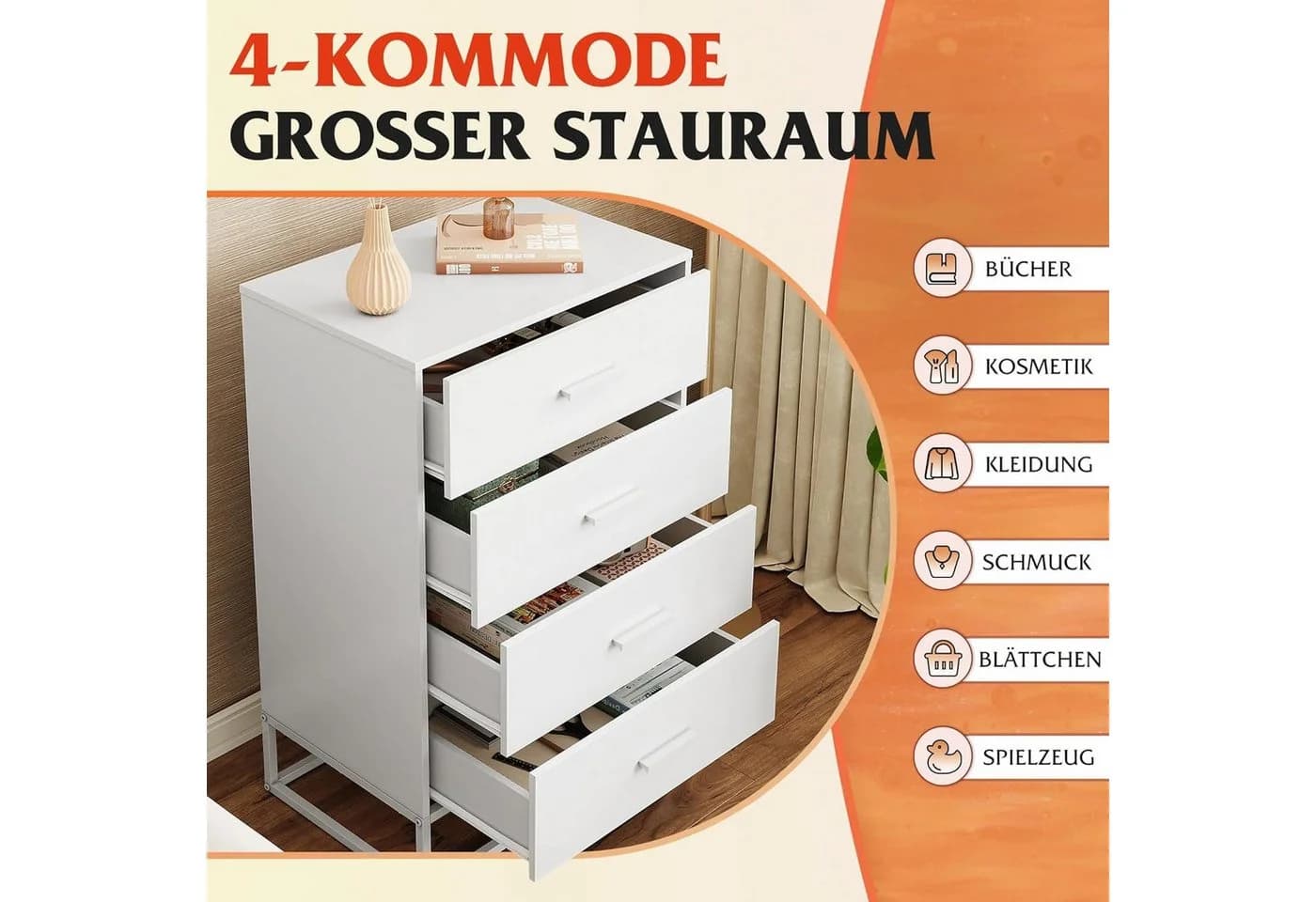 WLIVE Kommode Weiß 4 Schubladen Nachttisch - Bild 4
