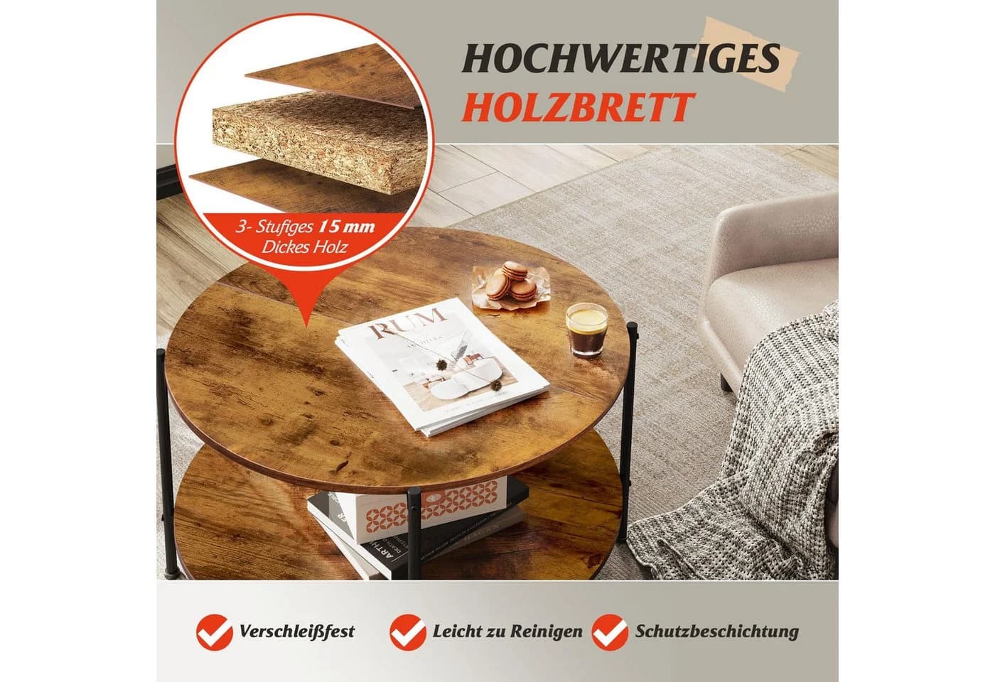 WLIVE Couchtisch rund 2 Ebenen Holz Metall Vintagebraun