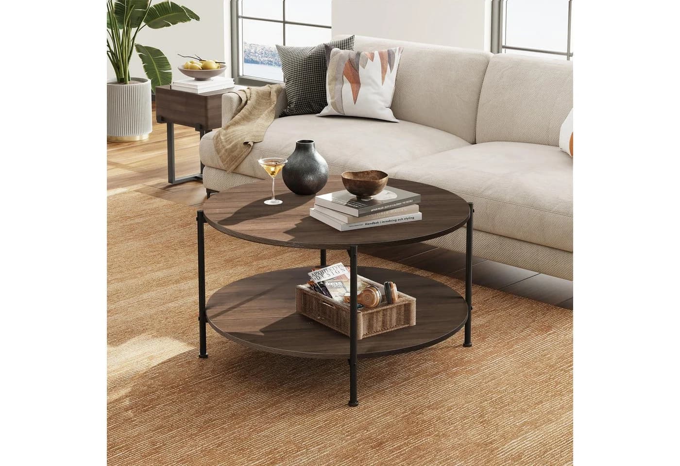 WLIVE Couchtisch rund Braun Holzwerkstoff Metallgestell mit Ablage