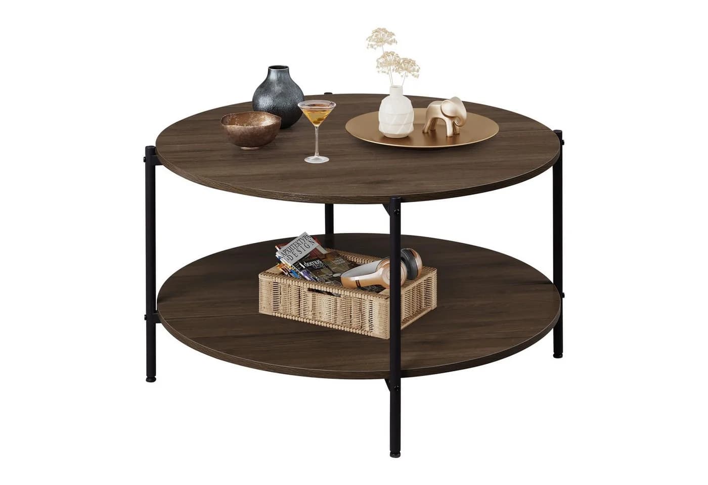 WLIVE Couchtisch rund Braun Holzwerkstoff Metallgestell mit Ablage - Bild 2