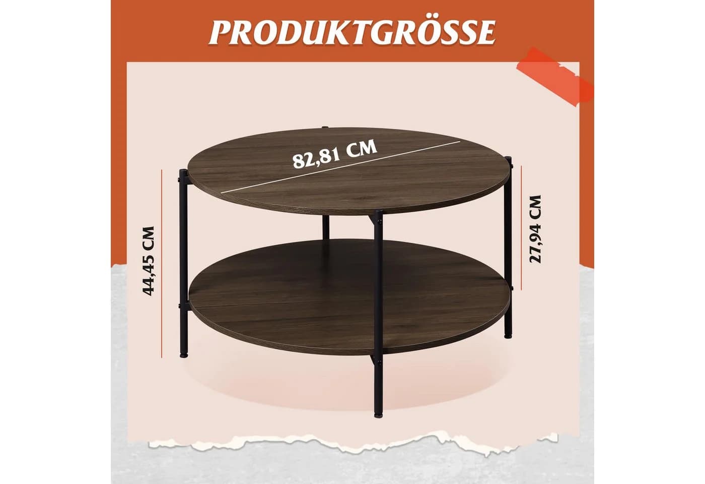 WLIVE Couchtisch rund Braun Holzwerkstoff Metallgestell mit Ablage - Bild 3