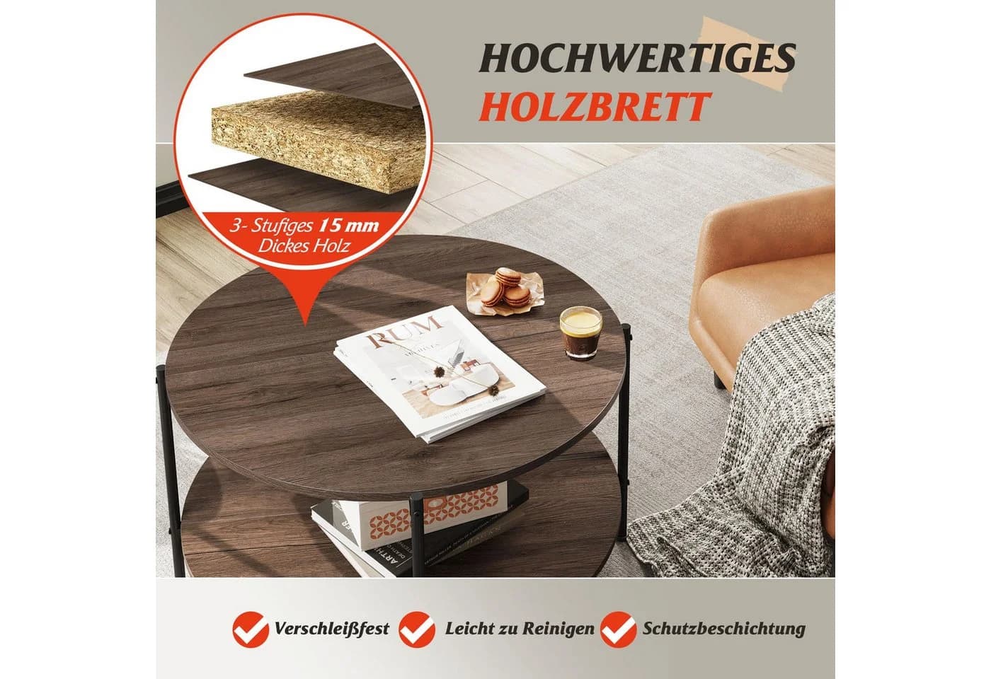 WLIVE Couchtisch rund Braun Holzwerkstoff Metallgestell mit Ablage - Bild 4