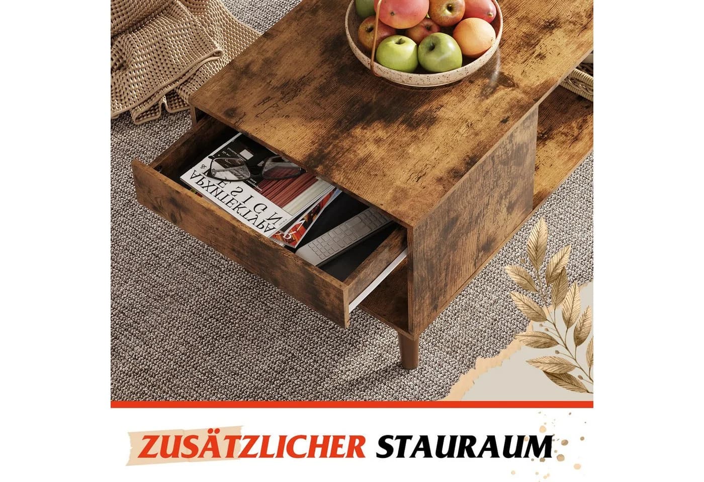 WLIVE Couchtisch mit Stauraum Holzoptik Retro Mid-Century Braun - Bild 5