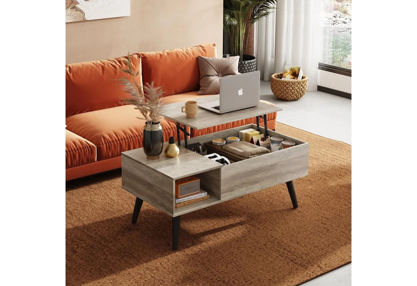 WLIVE Höhenverstellbarer Couchtisch Lift-Top Holzoptik Braun/Weiß
