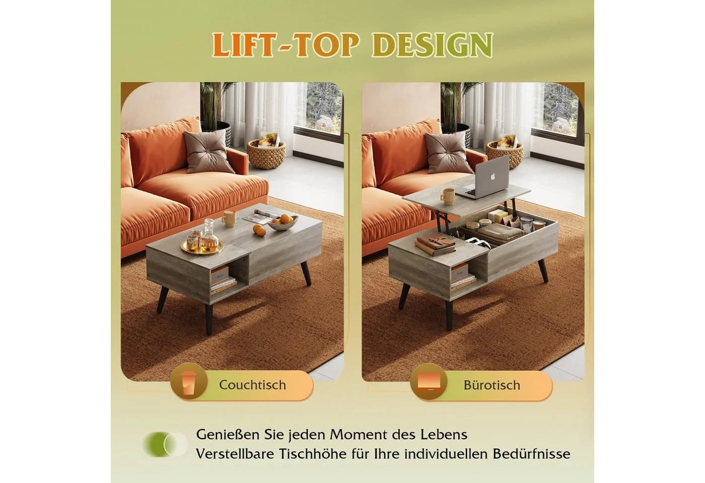 WLIVE Höhenverstellbarer Couchtisch Lift-Top Holzoptik Braun/Weiß - Bild 4