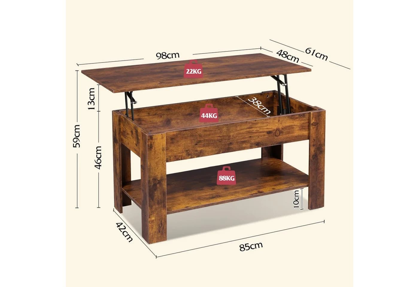 WLIVE Höhenverstellbarer Couchtisch Holz Braun Schwarz mit Stauraum - Bild 3