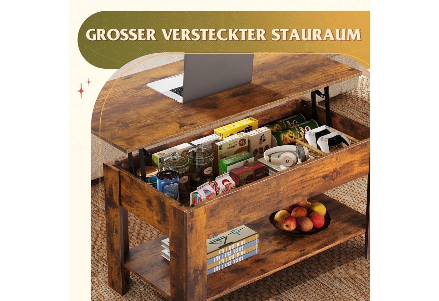 WLIVE Höhenverstellbarer Couchtisch Holz Braun Schwarz mit Stauraum - Bild 4