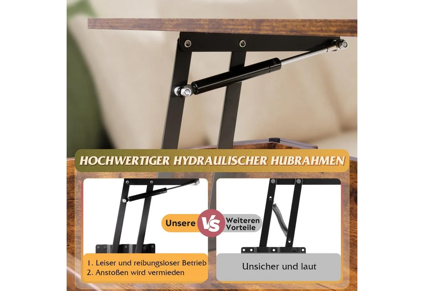 WLIVE Höhenverstellbarer Couchtisch Holz Braun Schwarz mit Stauraum - Bild 5