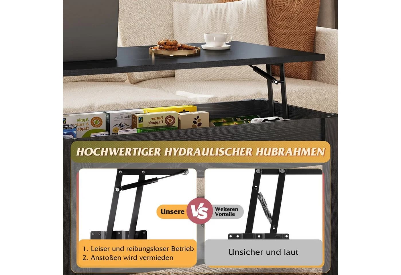 WLIVE Höhenverstellbarer Couchtisch mit Stauraum Rustikales Braun/Schwarz - Bild 5