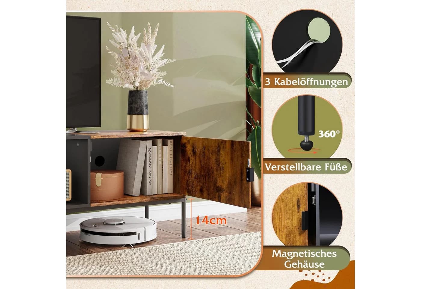 WLIVE Lowboard TV-Schrank für Fernseher bis 65 Zoll, 147 cm, Industrie-Design - Bild 3